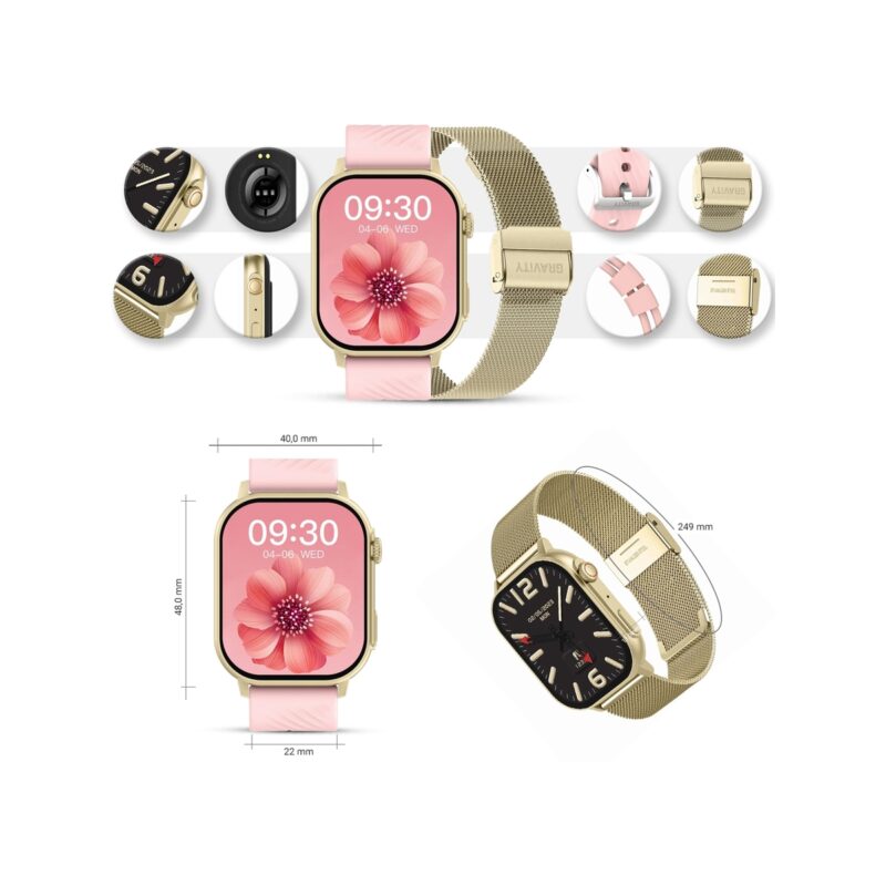 Smartwatch Gravity GT15-7 Różowy Pasek Silikonowy + Złota Bransoleta