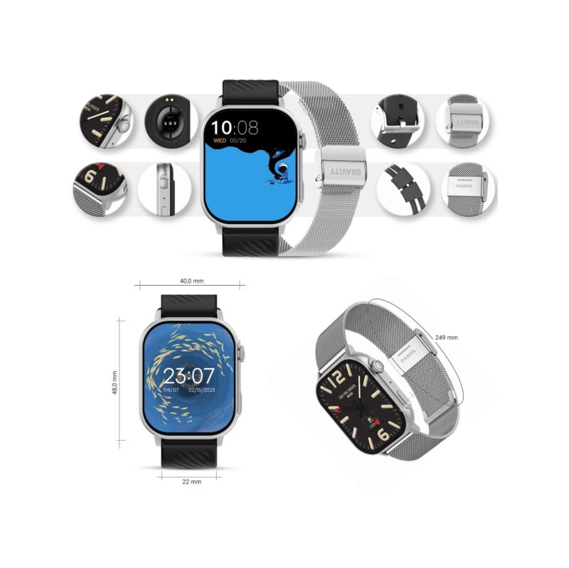 Smartwatch Gravity GT15-9 Czarny Pasek Silikonowy + Srebrna Bransoleta