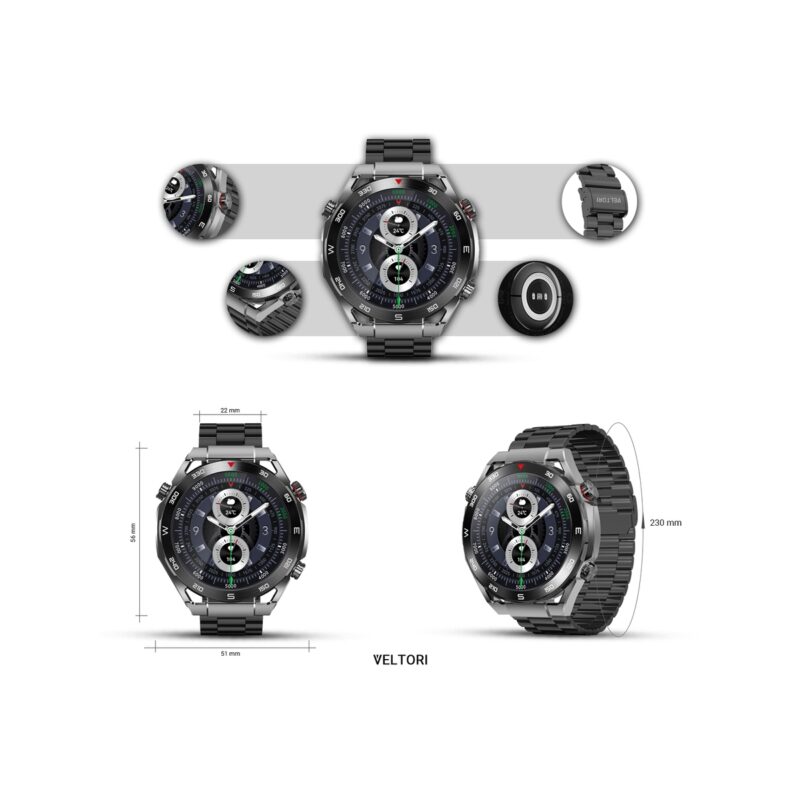 Smartwatch VELTORI VT100-1 + Czarny Pasek Silikonowy + Czarny Eko Skóra