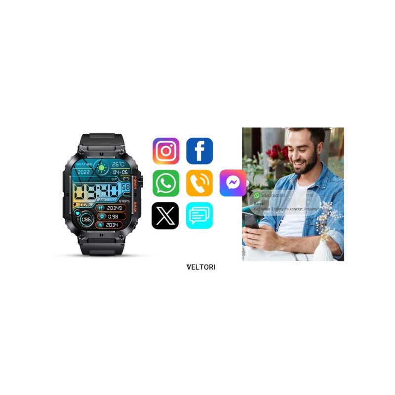 Smartwatch VELTORI VT200-1 Czarny Pasek Silikonowy