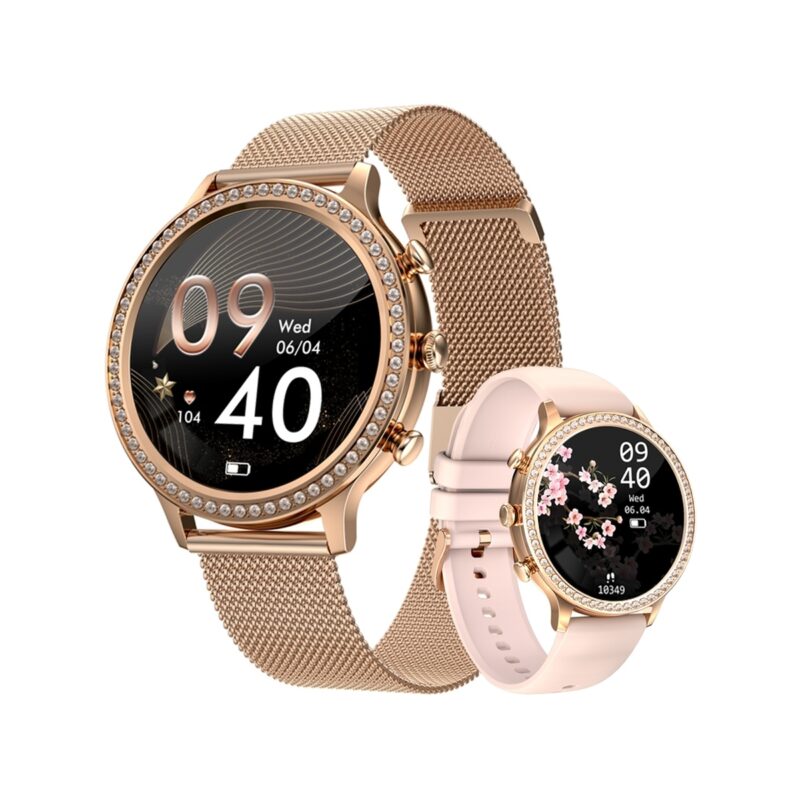 77_33_71_max Smartwatch Damski VELTORI VT310-1 Złota Bransoleta + Różowy Pasek Silikonowy