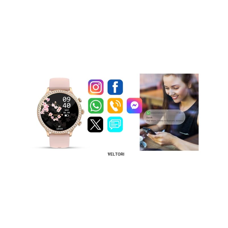 77_33_86_max Smartwatch Damski VELTORI VT310-1 Złota Bransoleta + Różowy Pasek Silikonowy