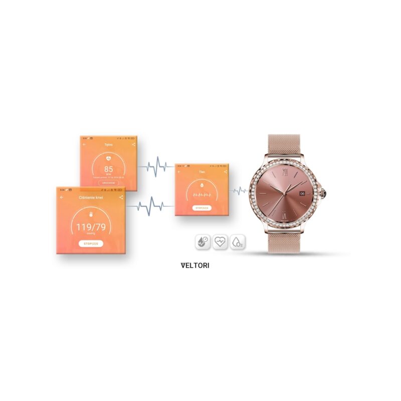 77_34_107_max Smartwatch Damski VELTORI VT320-1 Złota Bransoleta + Różowy Pasek Silikonowy