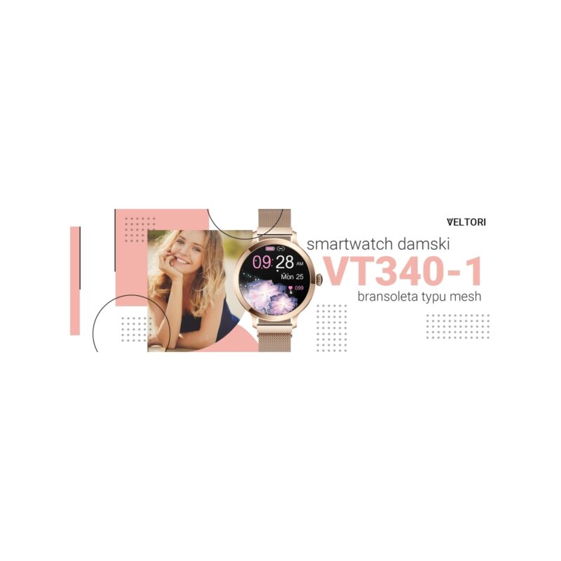 77_35_58_max Smartwatch Damski VELTORI VT340-1 Złota Bransoleta + Różowy Pasek Silikonowy