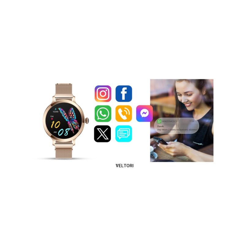77_35_63_max Smartwatch Damski VELTORI VT340-1 Złota Bransoleta + Różowy Pasek Silikonowy