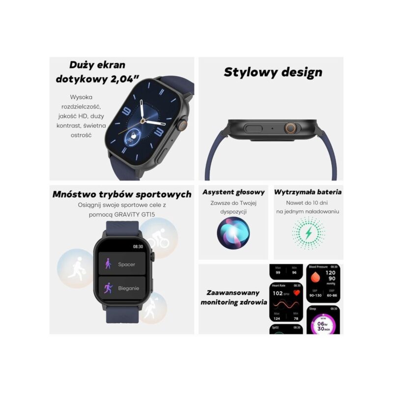 Smartwatch Damski GRAVITY GT15-11 Granatowy Pasek Silikonowy + Złota Bransoleta