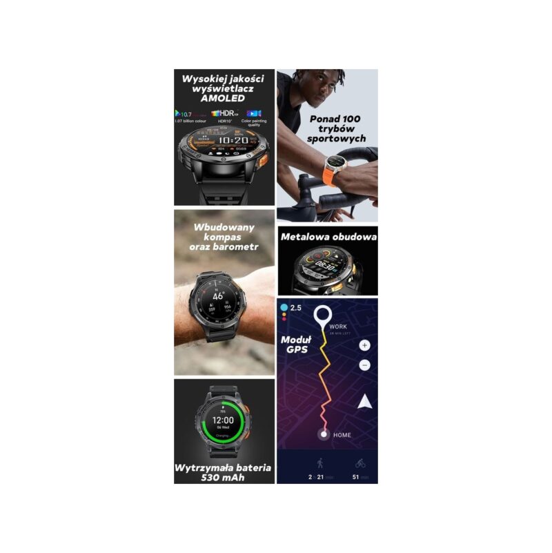 Smartwatch Męski GRAVITY GPS GT24-1 Czarny Pasek Silikonowy + Granatowy Pasek Silikonowy